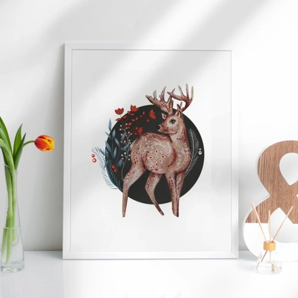 Wall Art Floral Deer Portrait Illustration Print Unframed - Picture 3 of 5